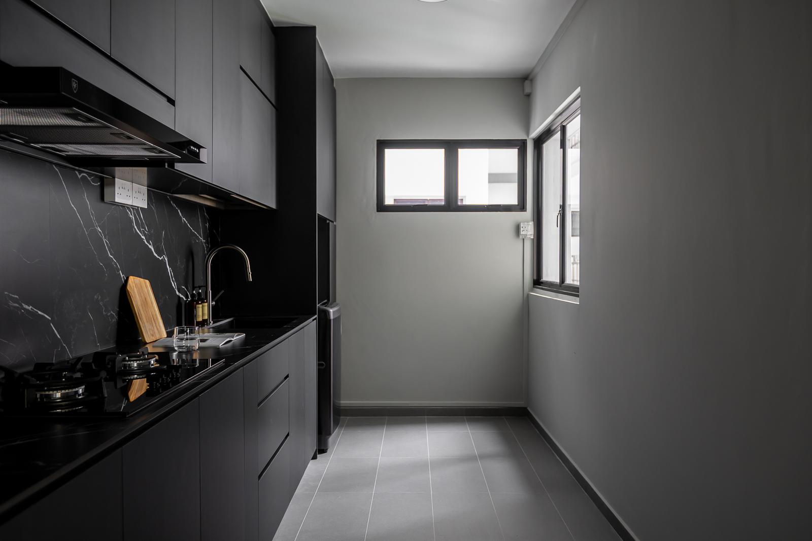 Industrial Kitchen with Parquet Floor and Cement Floor
