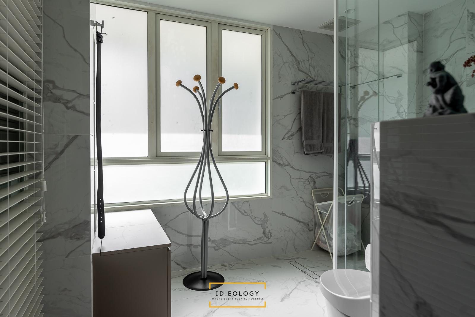 Contemporary Bathroom with Marble Floor and Wood Flooring