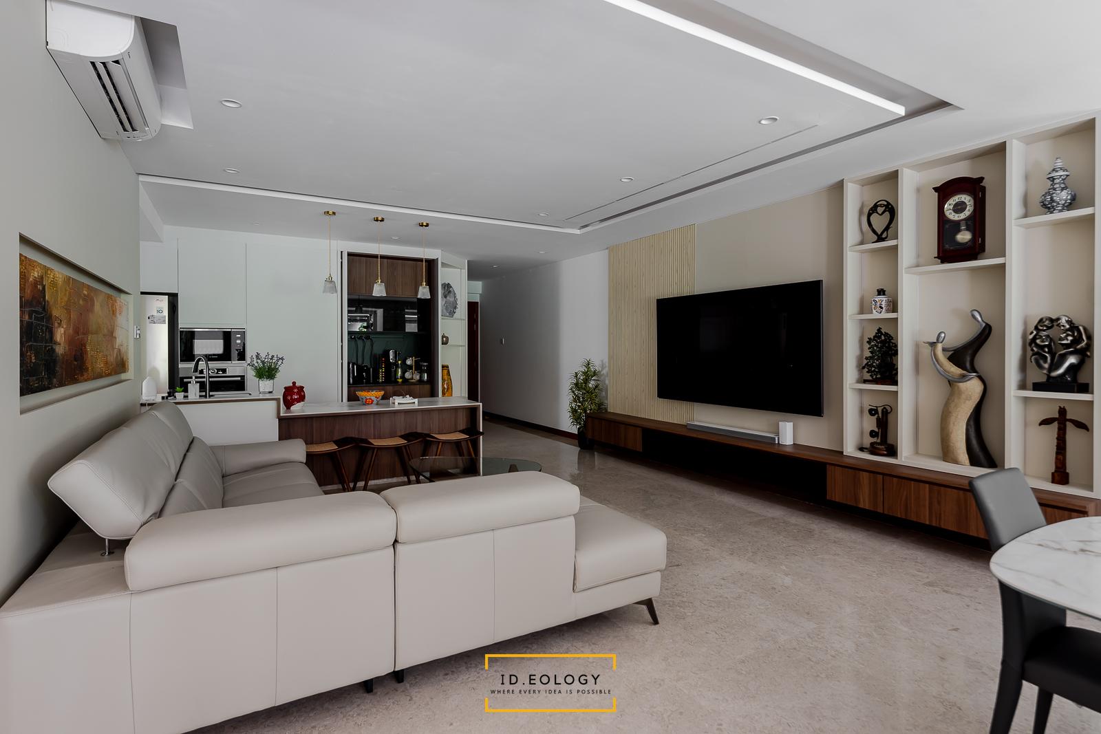Contemporary Living Room with Bay Window and Carpet