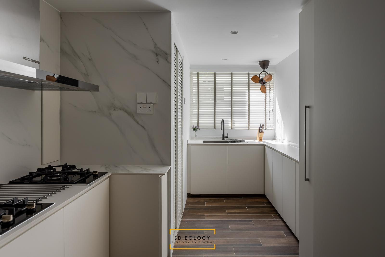 Contemporary Kitchen with Marble Floor and Wood Flooring