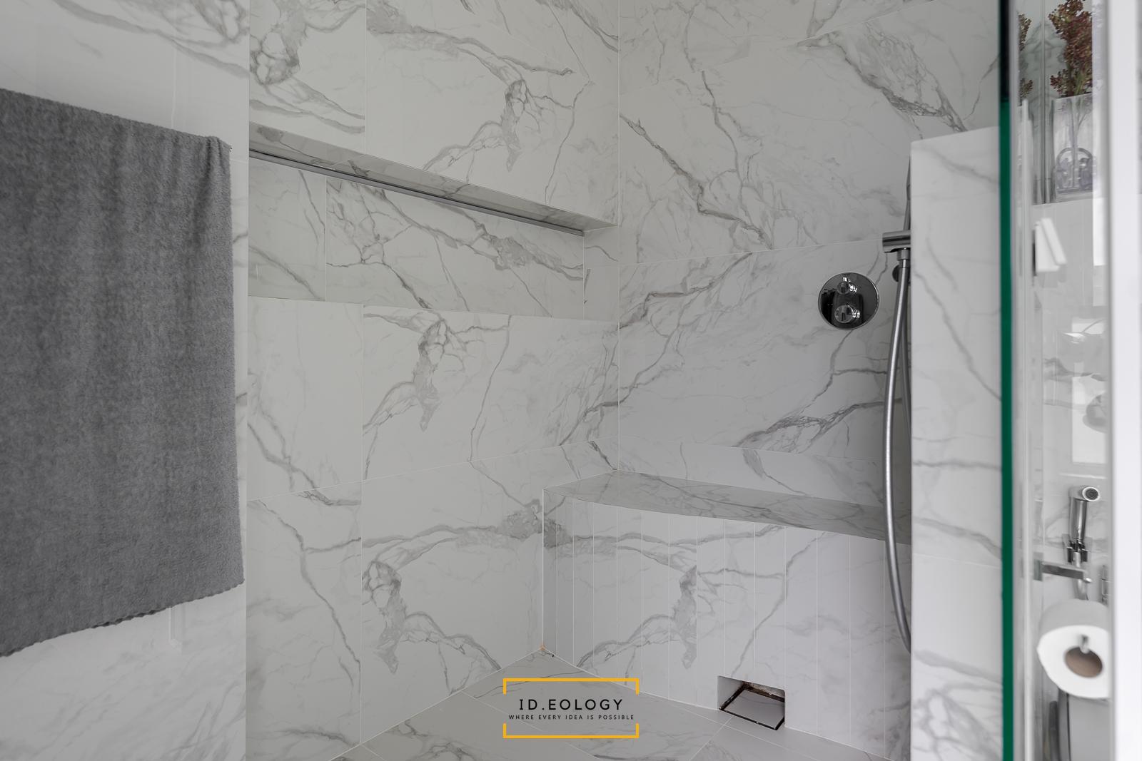 Contemporary Bathroom with Marble Floor and Wood Flooring