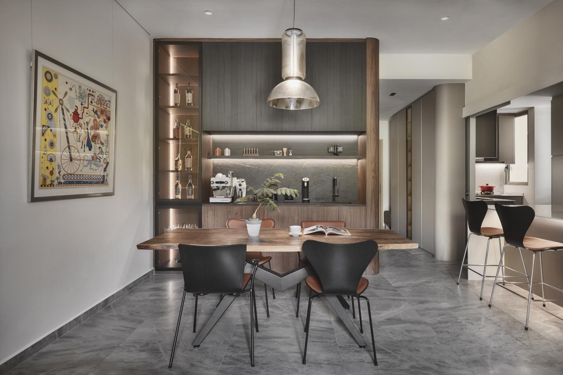 Contemporary Dining Room with Drop Light and Downlights