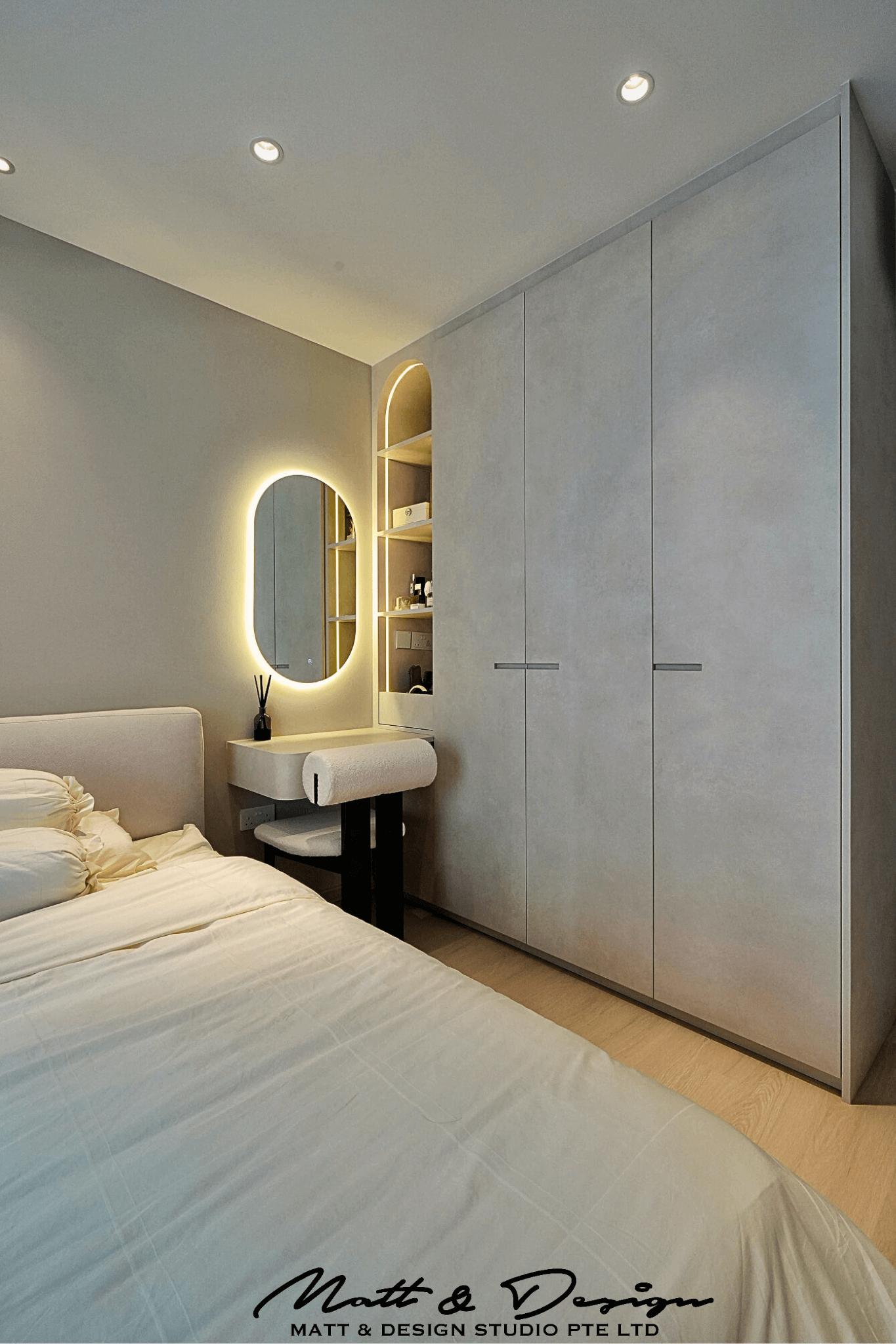 Scandinavian Bedroom with Granite Floor and Flooring