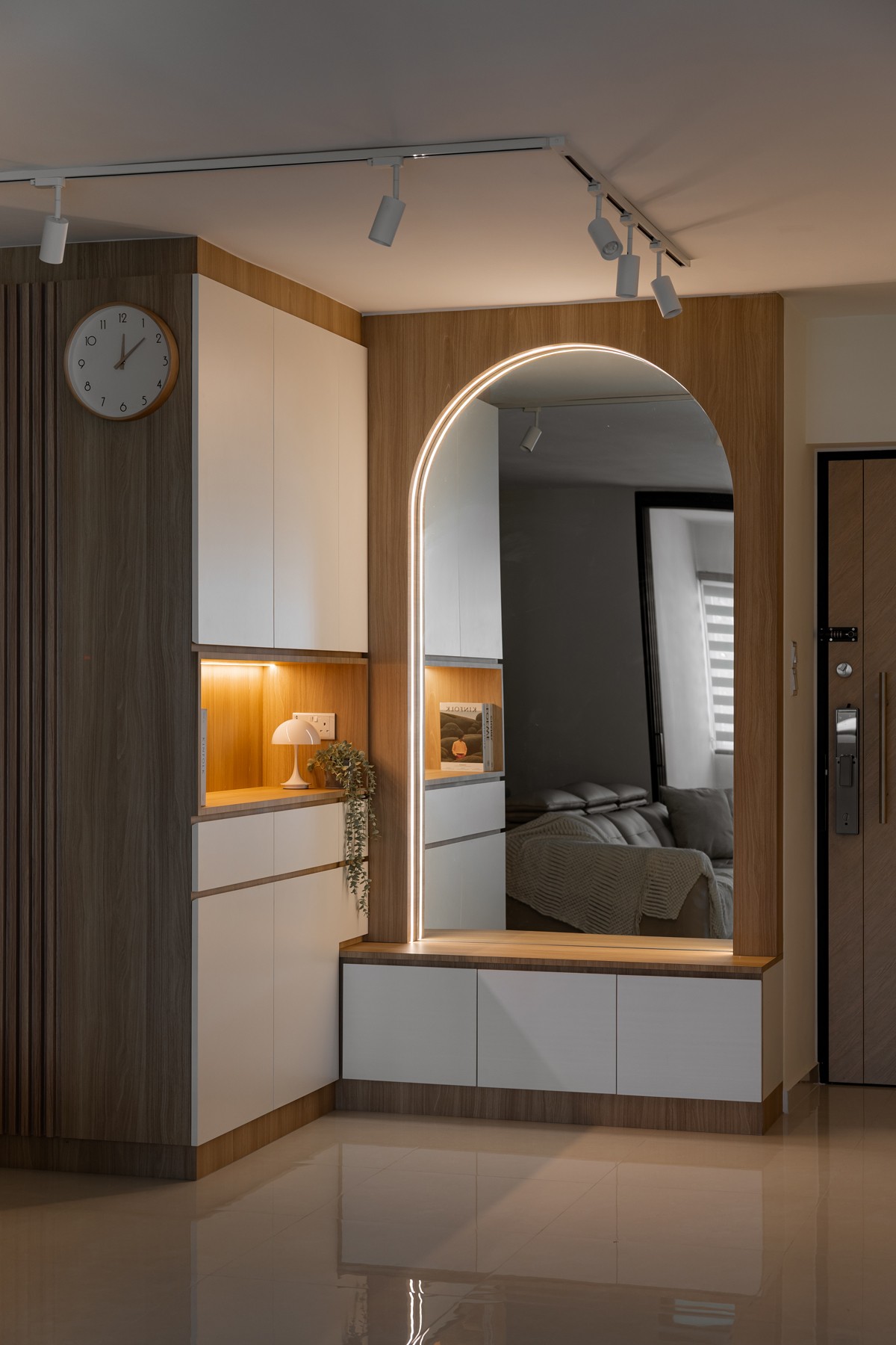 Modern Entryway with Mirror and Seating Bench