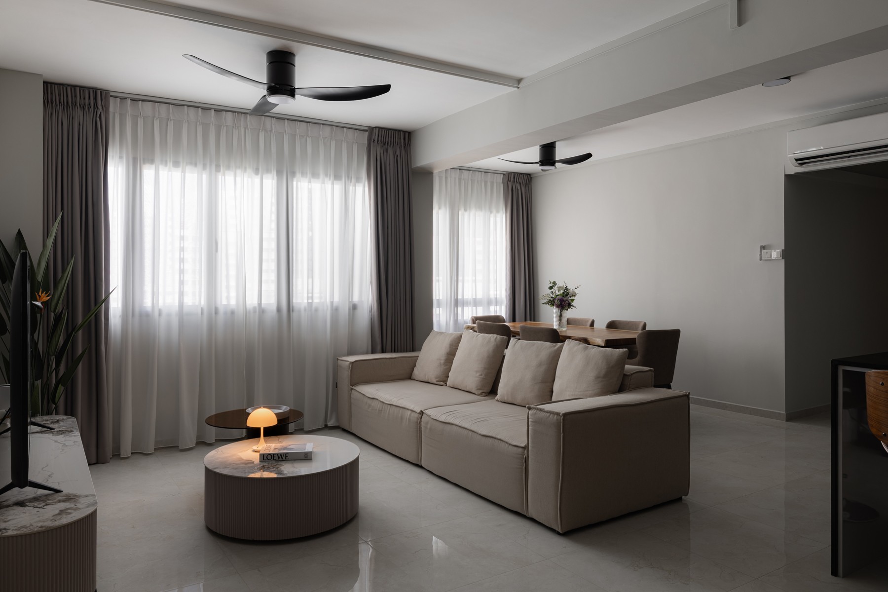 Contemporary Living Room with TV Console and Ceiling Fan
