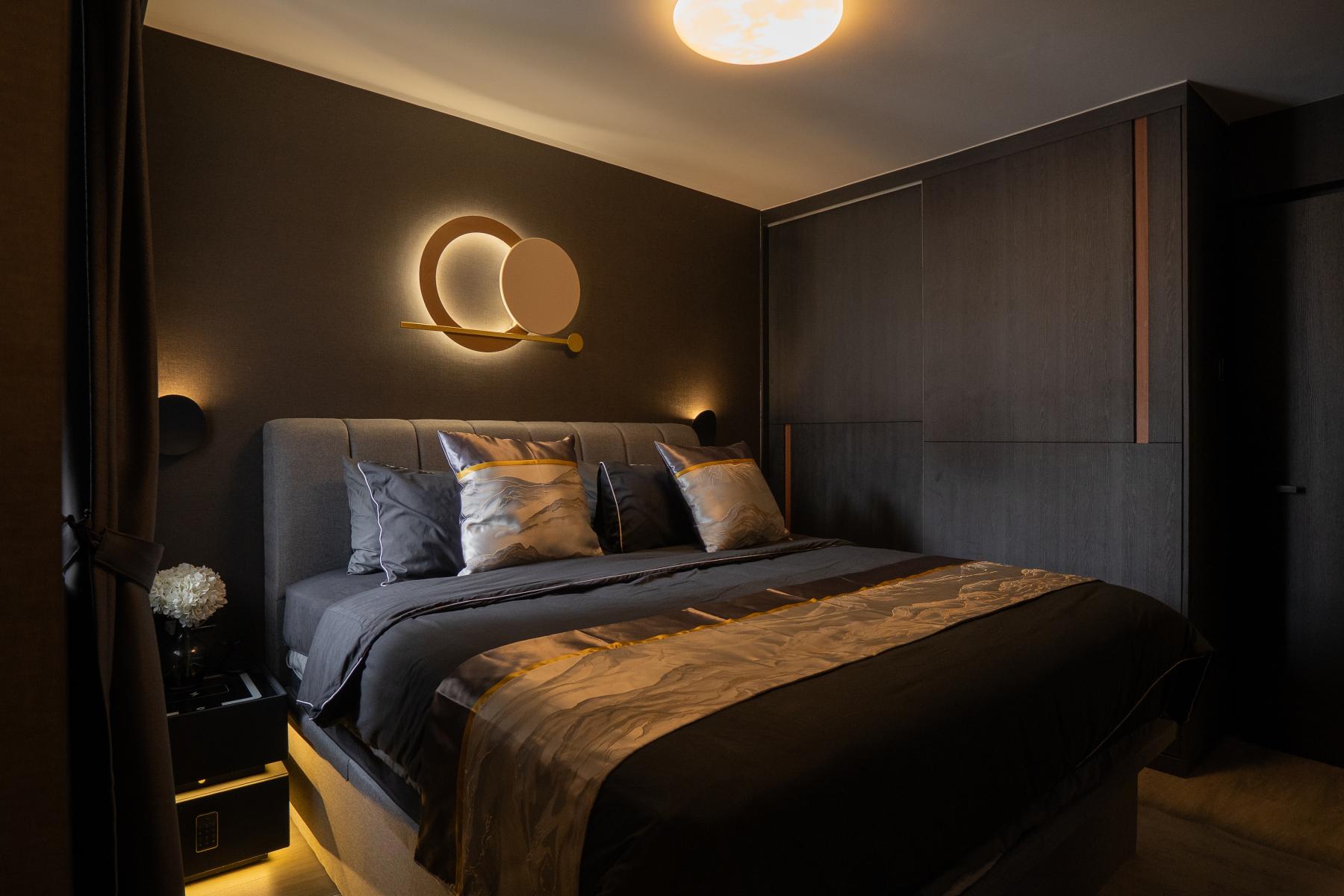 Modern Bedroom with Marble Floor and Wood Flooring