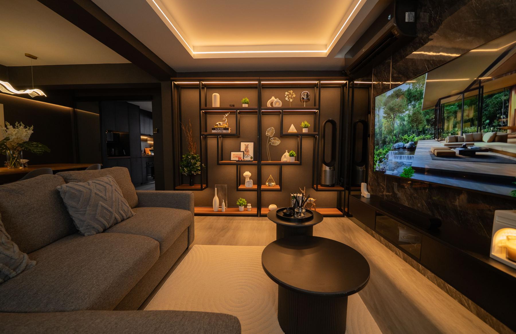 Modern Living Room with Bookshelf and Wood Flooring