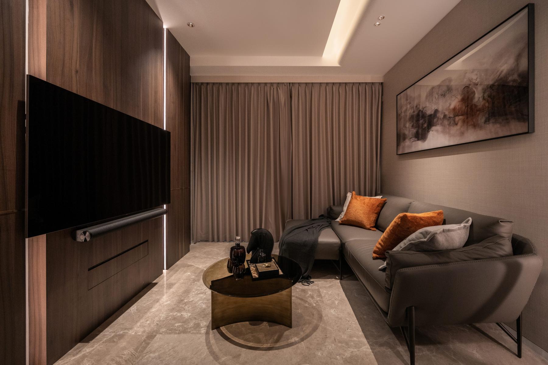 Contemporary Living Room with Cement Floor and TV Console