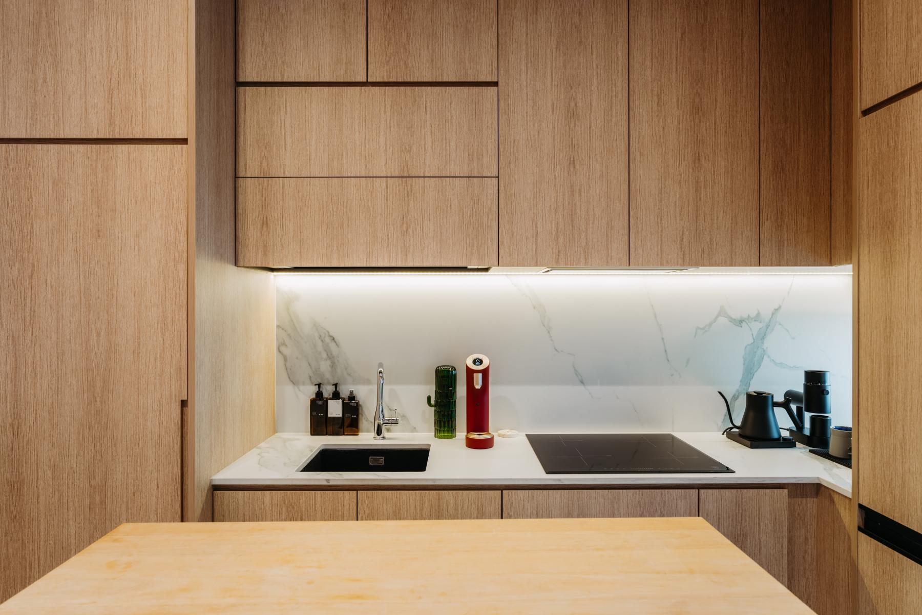 Scandinavian Kitchen with Countertop and Kitchen Backsplash