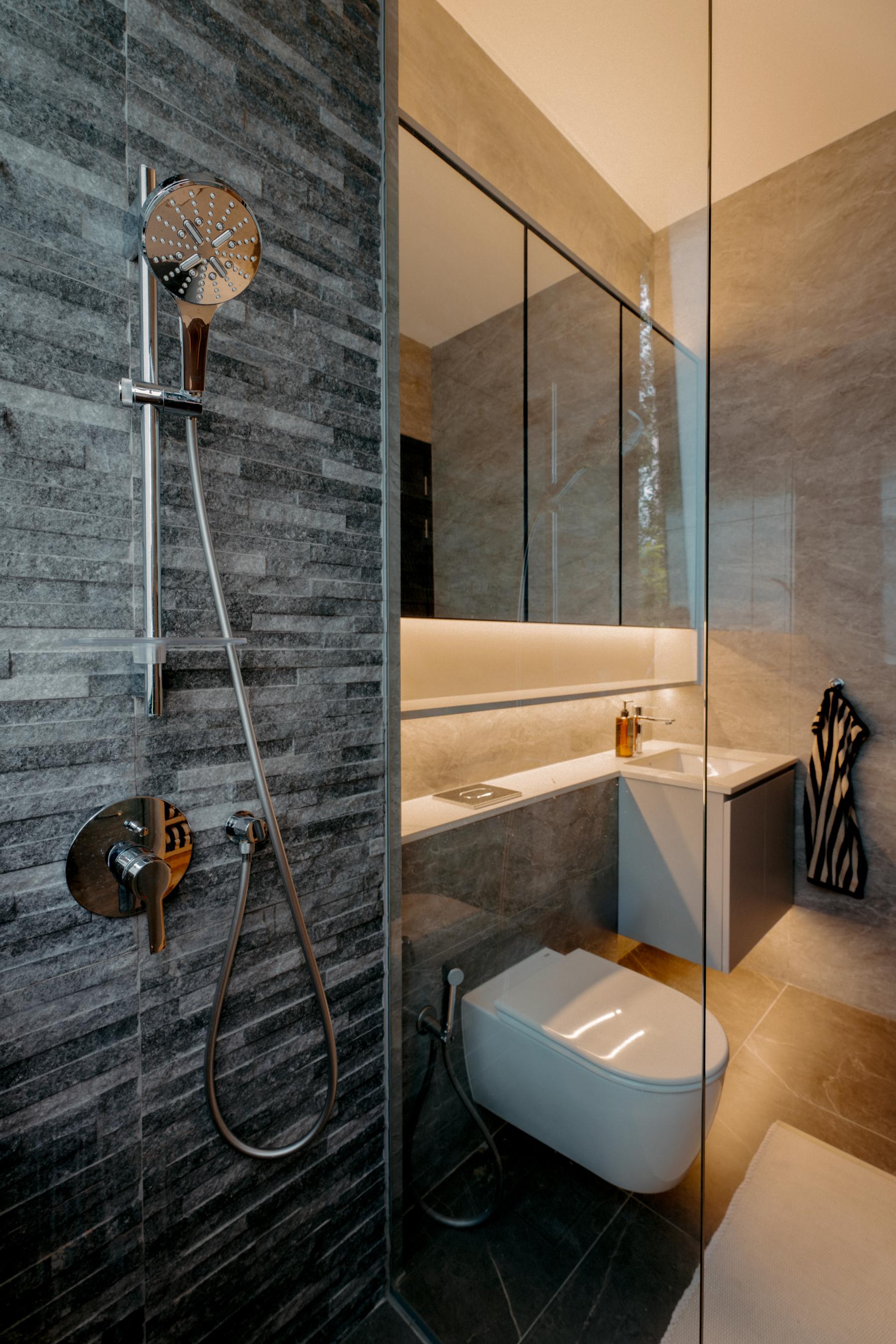 Scandinavian Bathroom with Shower Screen and Bathroom Storage
