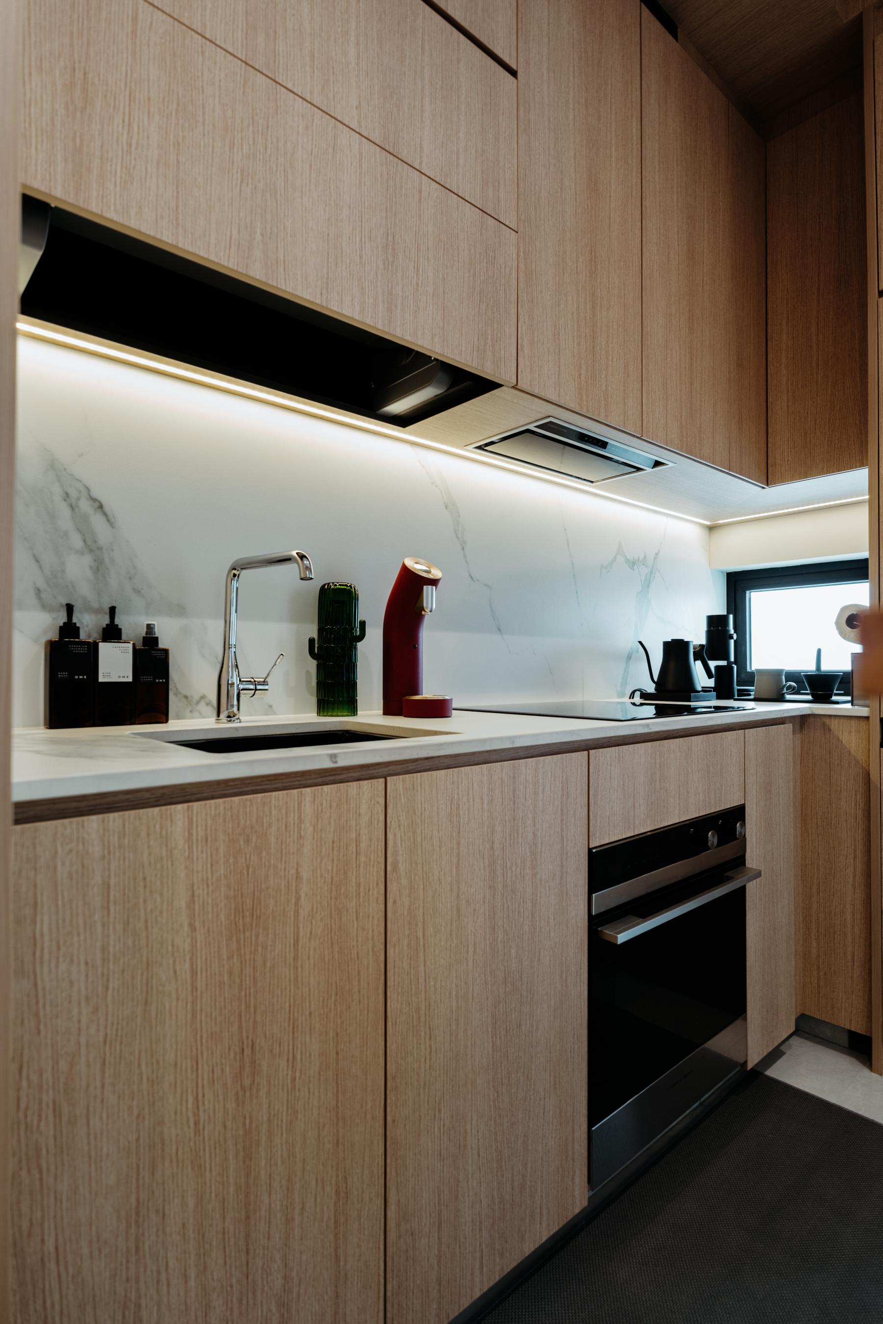 Scandinavian Kitchen with Countertop and Kitchen Backsplash