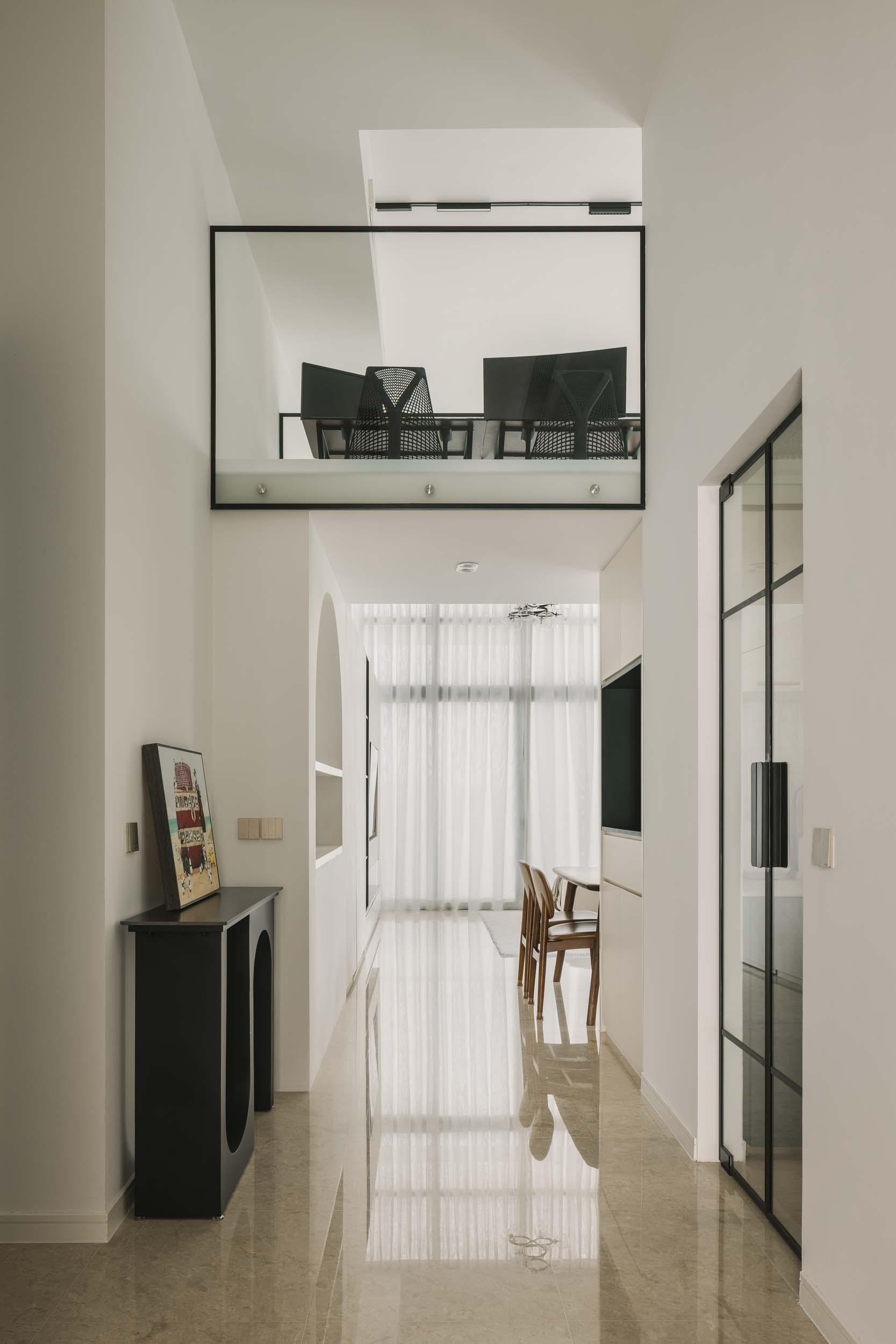 Contemporary Living Room with Marble Floor and Curtain