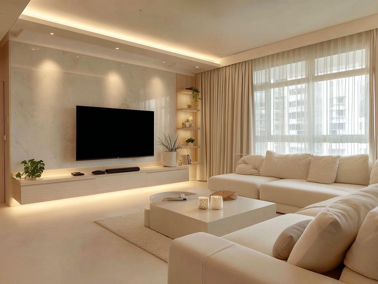 Contemporary Living Room with TV Console and Feature Wall