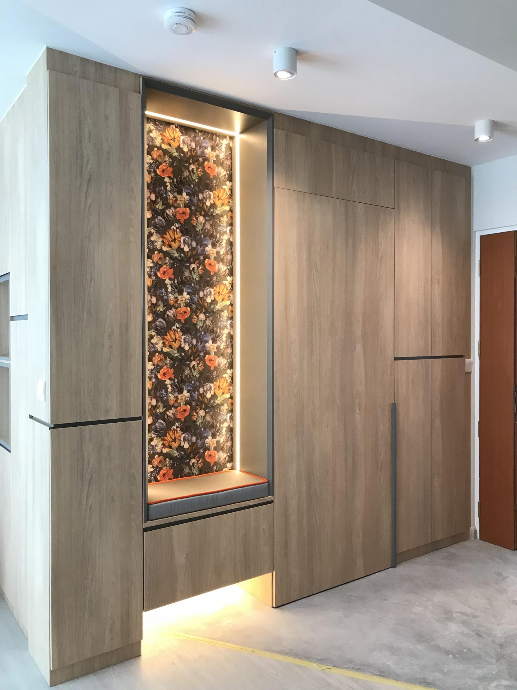 Contemporary Entryway with Seating Bench and Shoe Cabinets