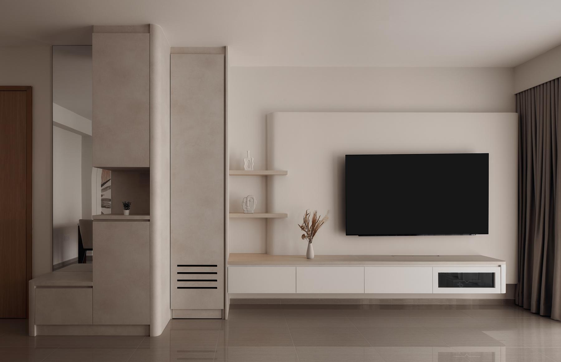 Asian Living Room with TV Console and TV