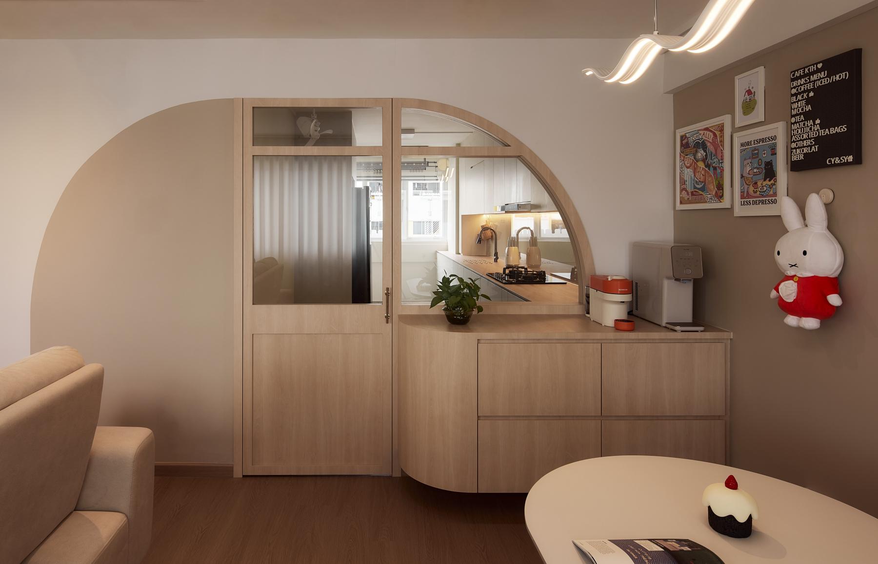 Asian Living Room with Wood Flooring and Ceiling Light