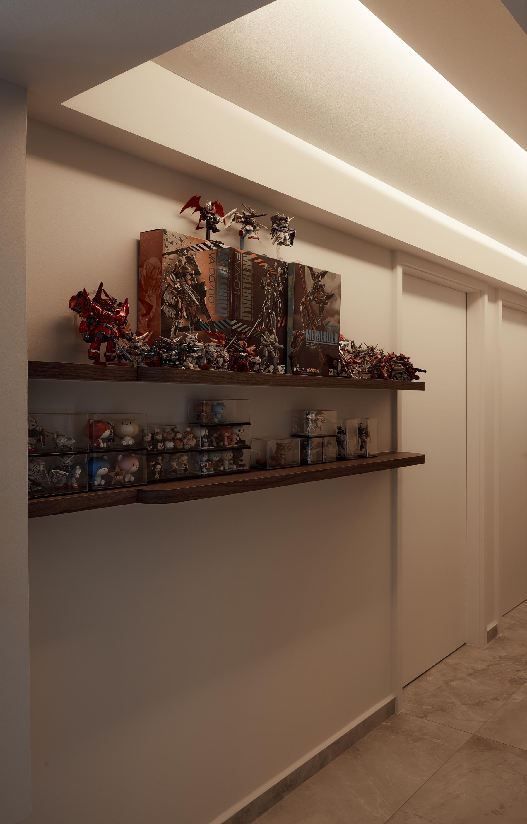 Minimalist Hallway with Bookshelf and Artwork