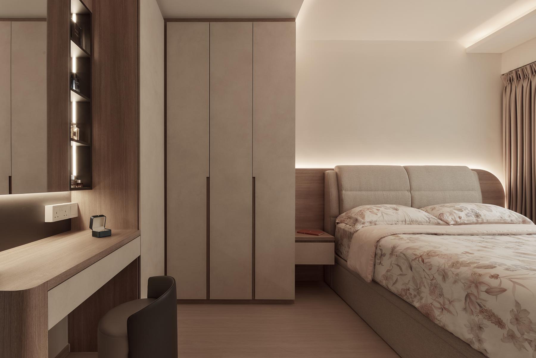 Modern Bedroom with Parquet Floor and Wardrobe