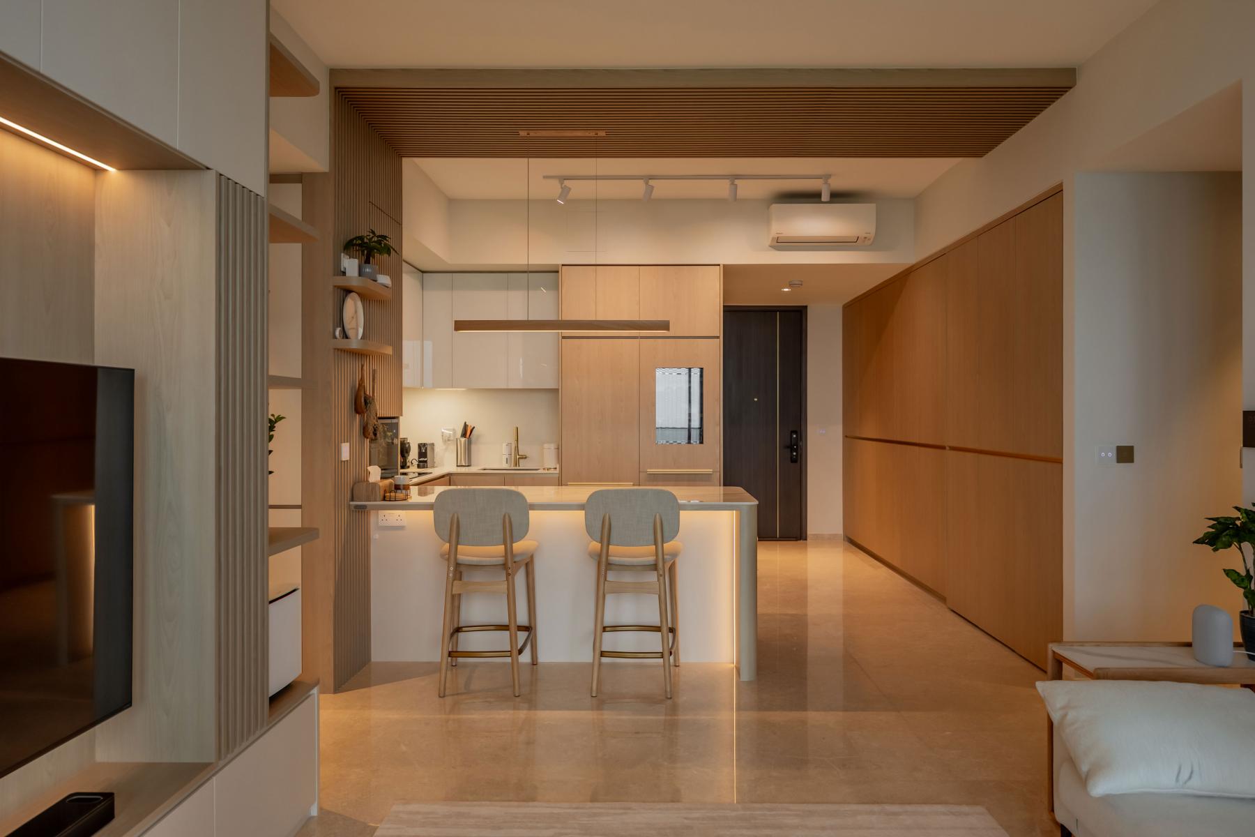 Modern Kitchen with Marble Floor and Kitchen Island