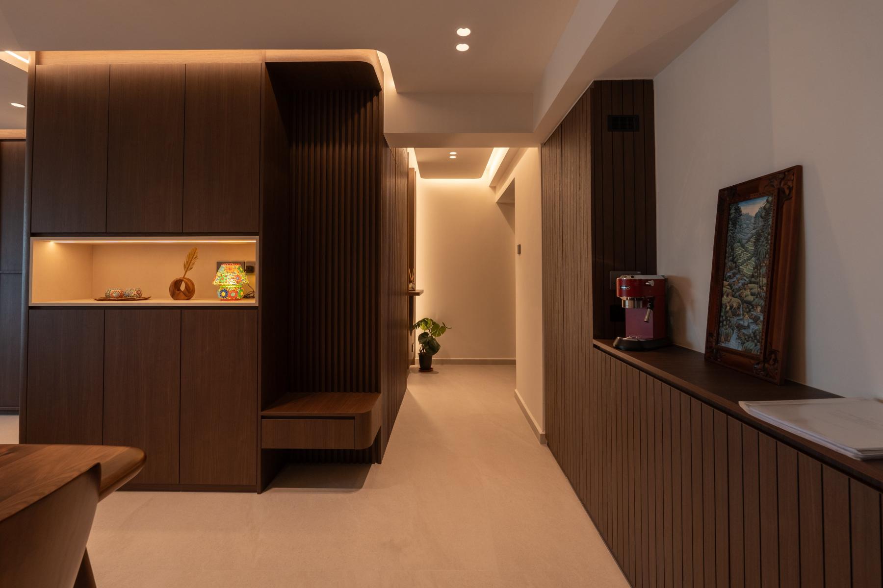 Modern Hallway with Bookshelf and Artwork