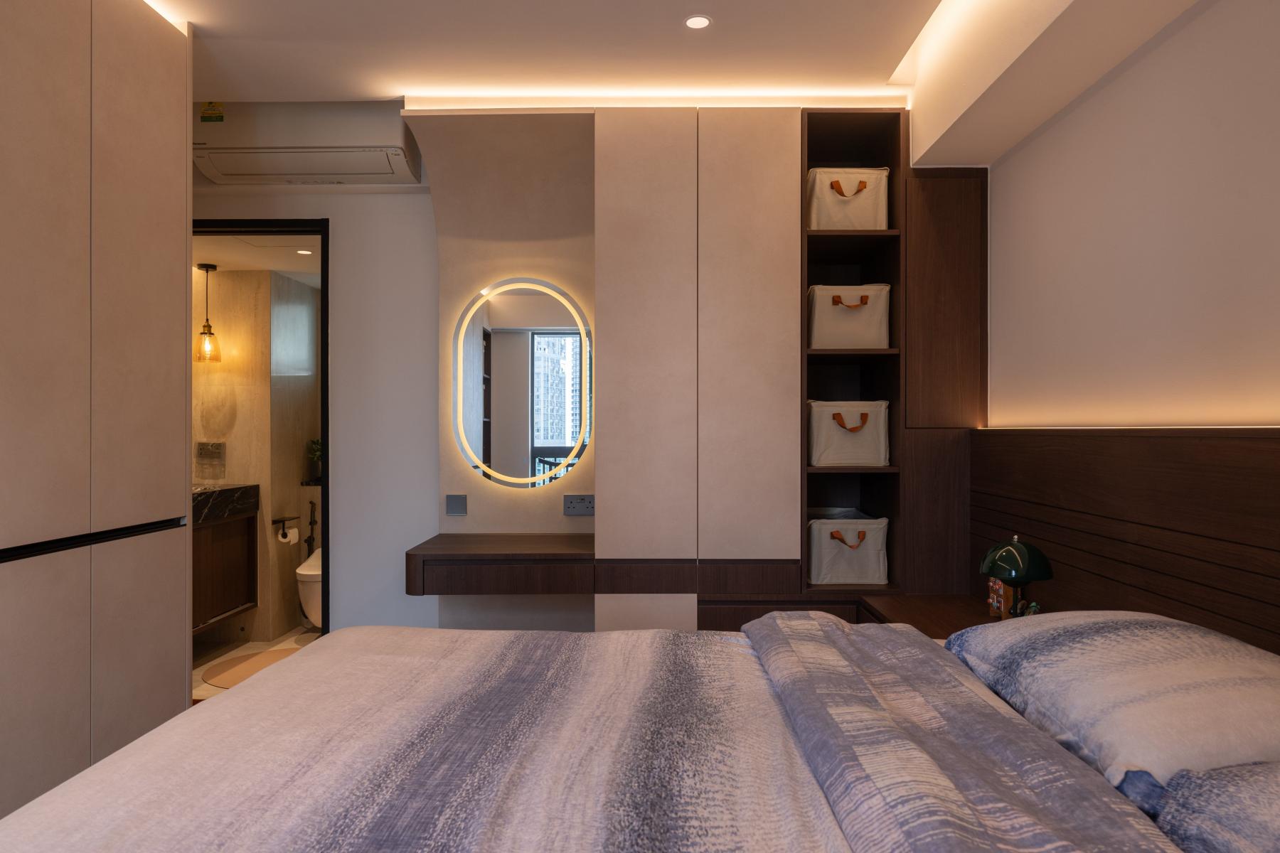 Modern Bedroom with Bookshelf and Homogeneous Tiles
