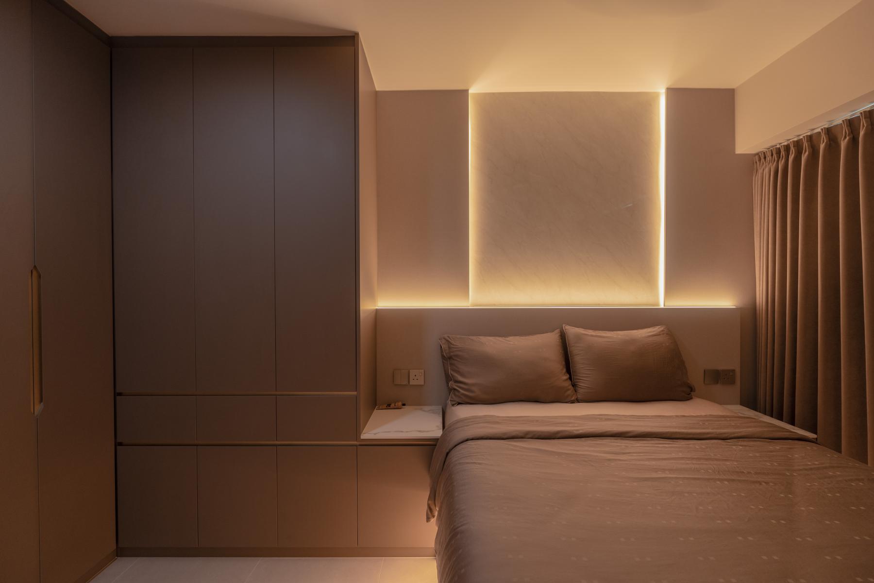 Modern Bedroom with Cove Lighting and Built-in Bed
