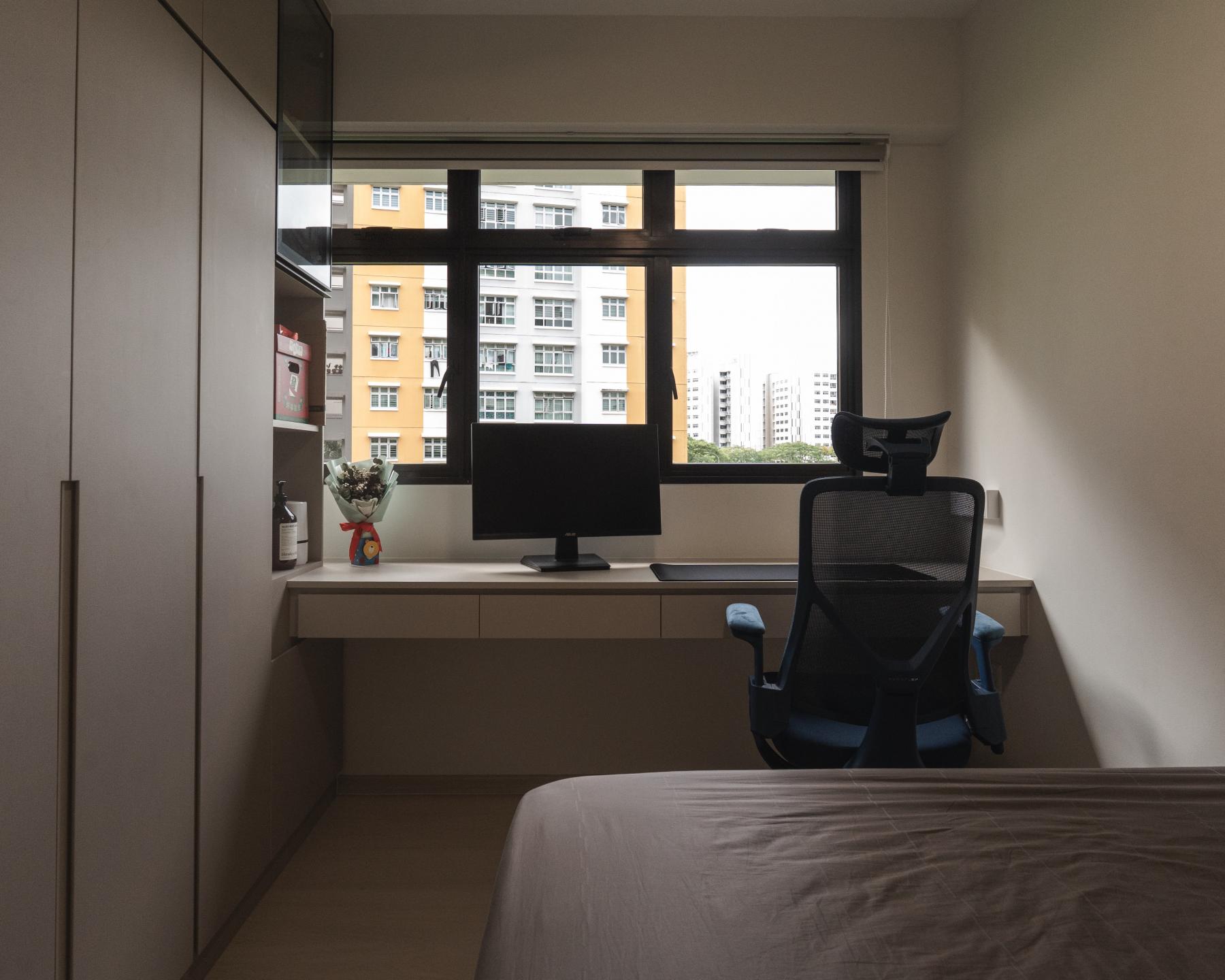 Modern Bedroom with Bookshelf and Platform Bed