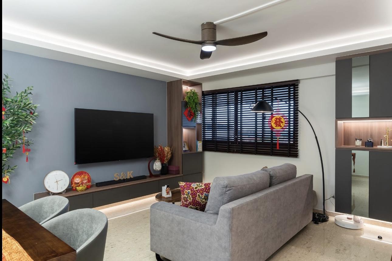 Modern Living Room with Marble Floor and TV Console