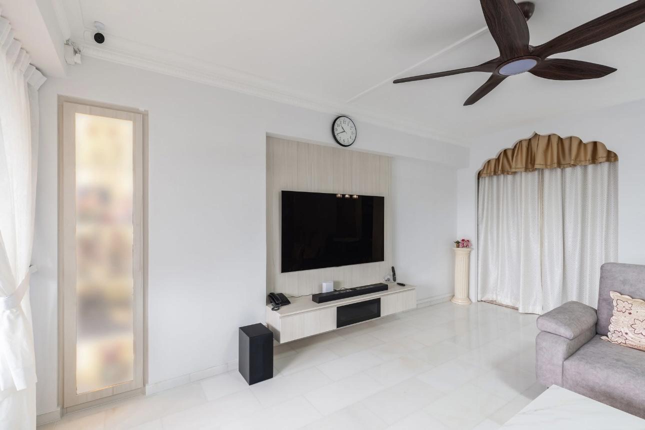 Minimalist Living Room with Marble Floor and TV Console