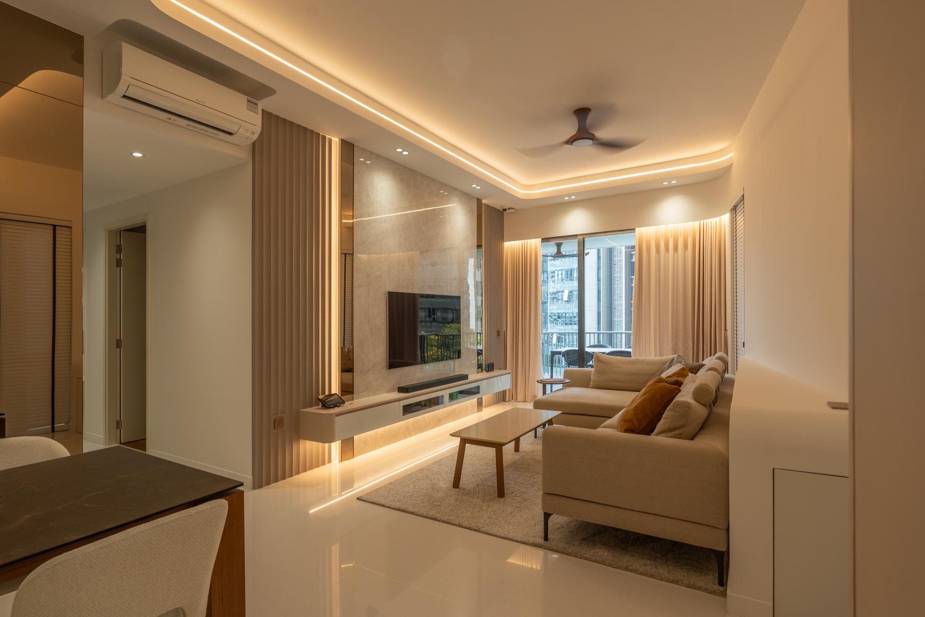 Contemporary Living Room with Homogeneous Tiles and TV Console