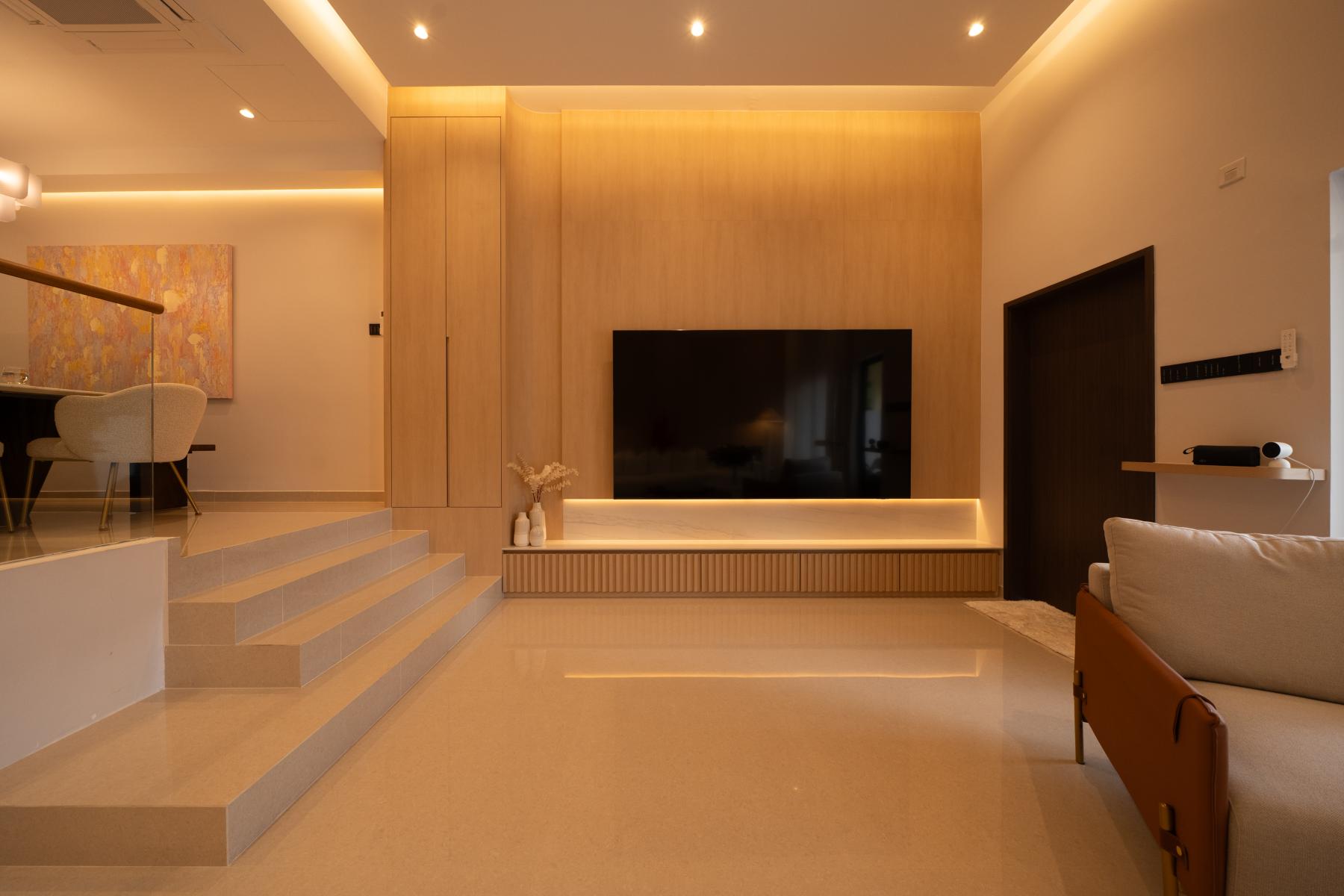 Scandinavian Living Room with TV Console and Feature Wall