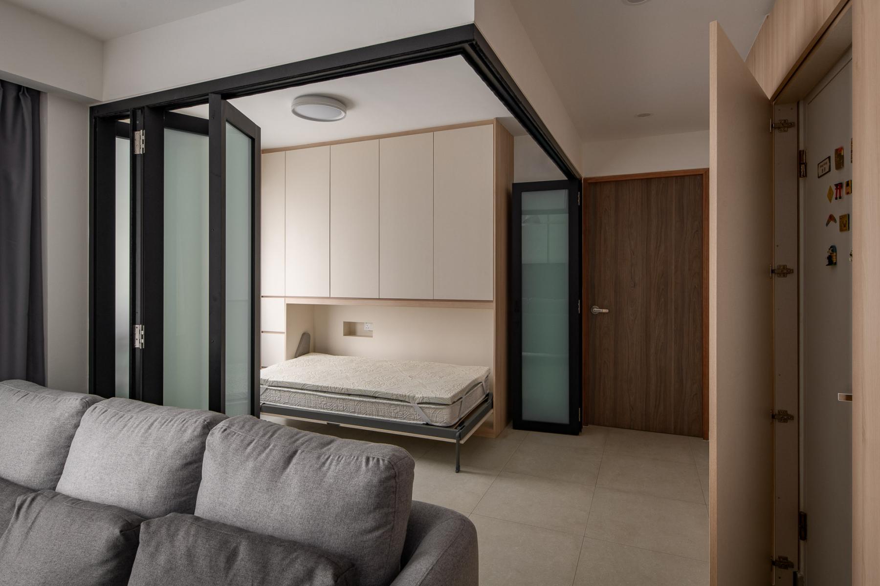 Modern Living Room with Glass Door and Storage Cabinets