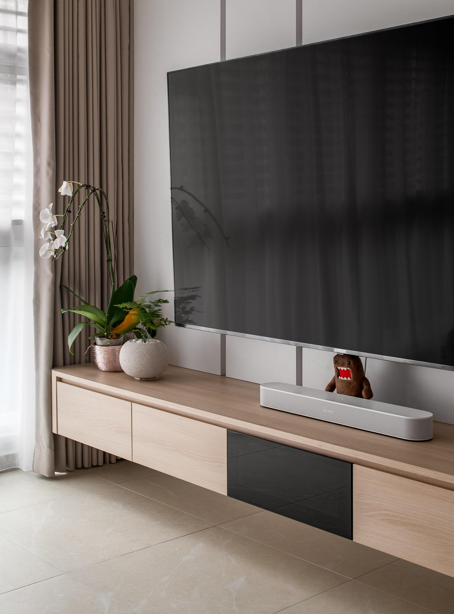 Scandinavian Living Room with TV Console and Feature Wall