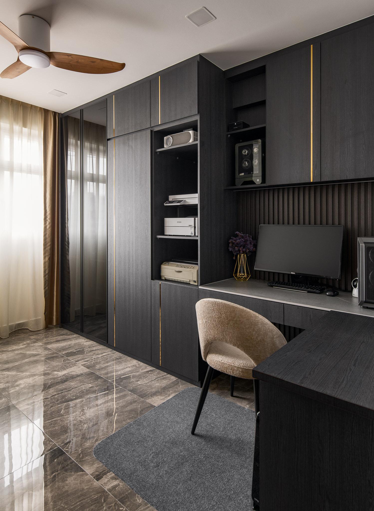 Modern Study with Ceiling Fan and Desk Chairs