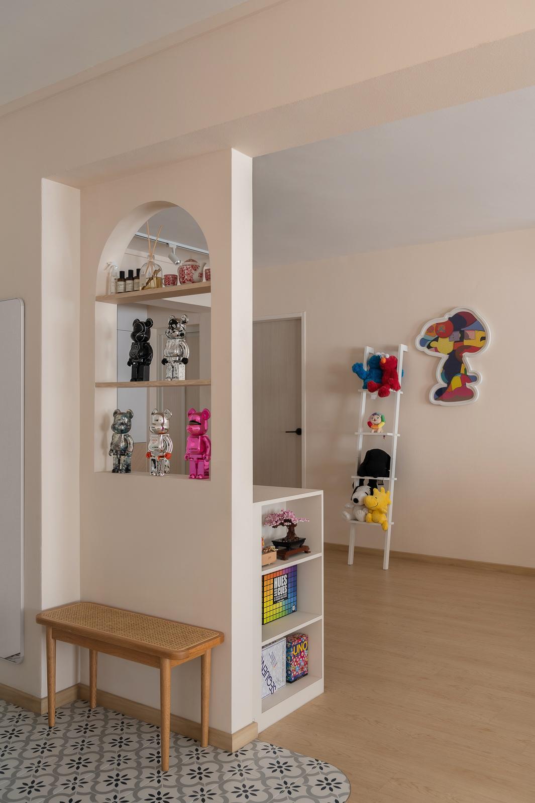 Scandinavian Entryway with Artwork and Seating Bench