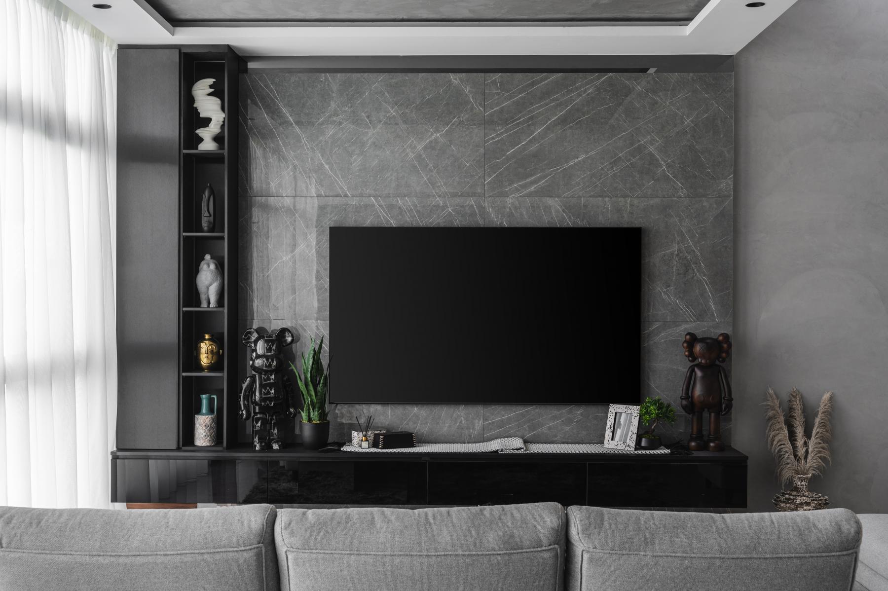 Modern Living Room with Homogeneous Tiles and TV Console