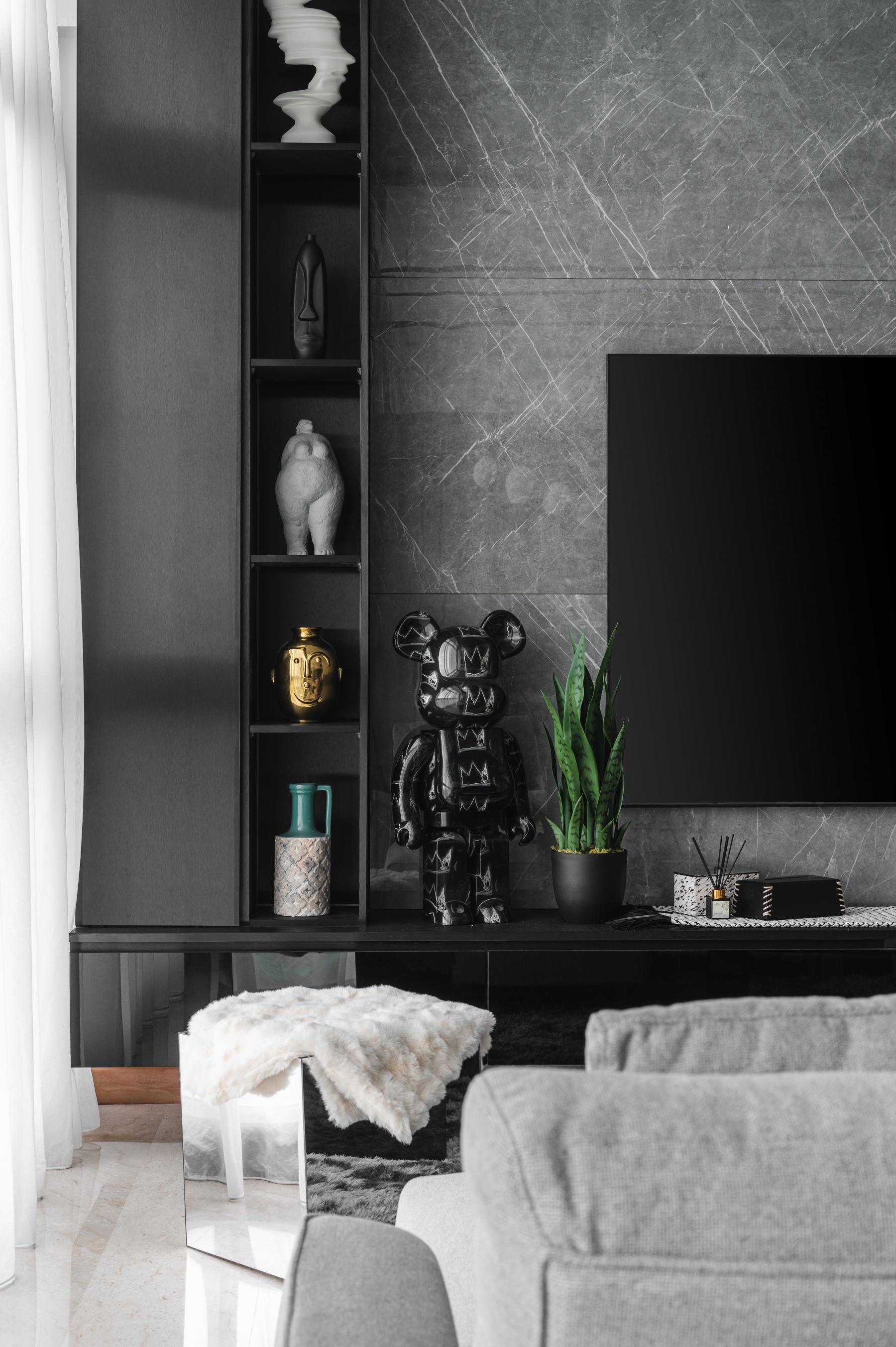 Modern Living Room with Bookshelf and Marble Floor