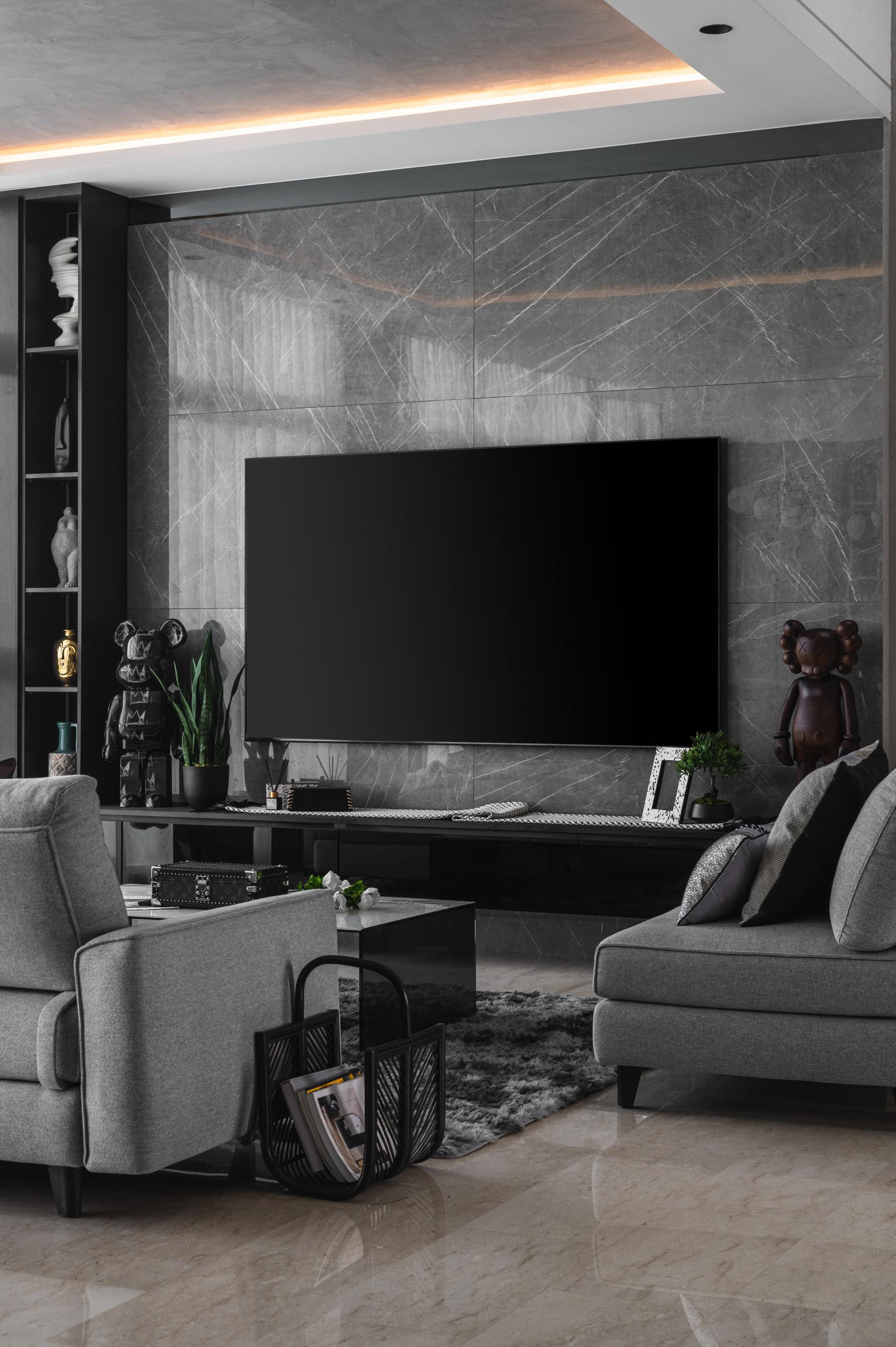 Modern Living Room with Homogeneous Tiles and TV Console