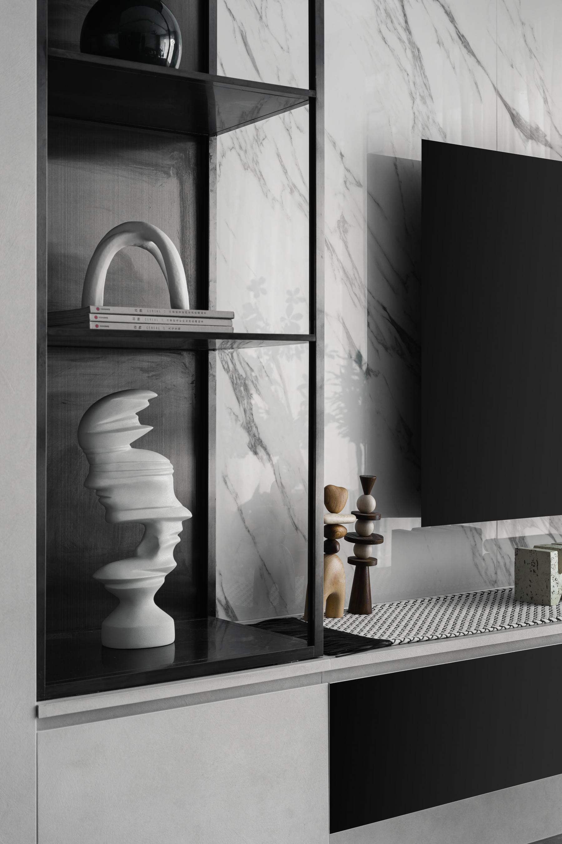 Modern Living Room with Homogeneous Tiles and TV Console