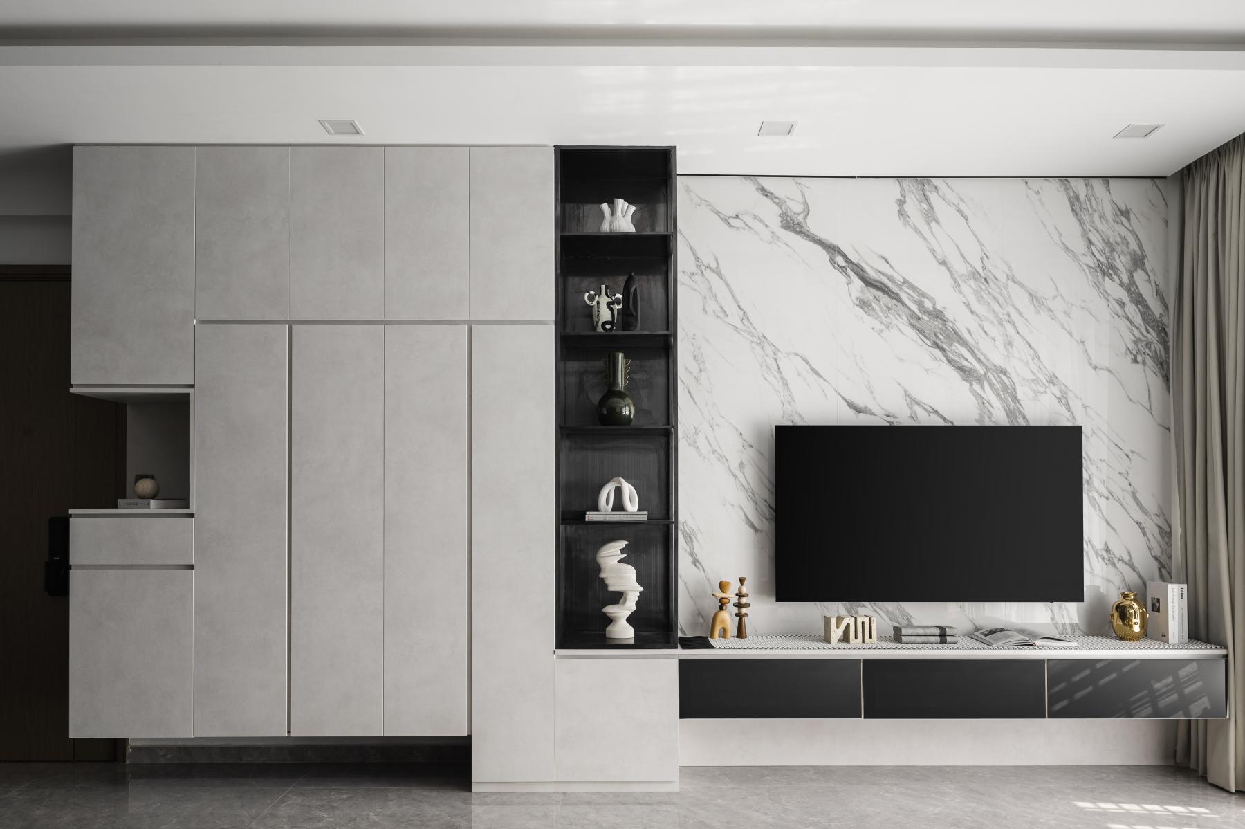 Modern Living Room with Homogeneous Tiles and TV Console