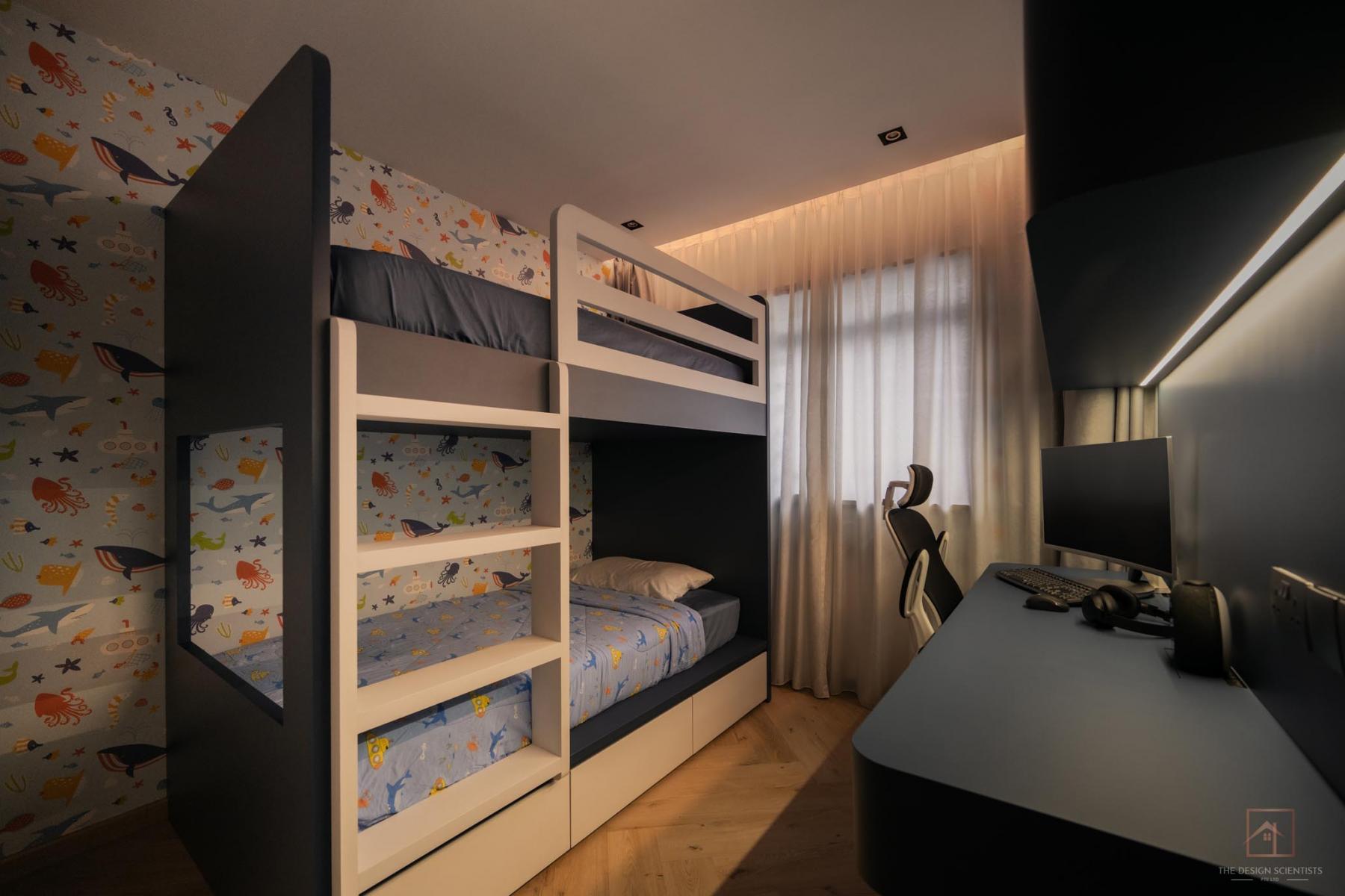 Contemporary Bedroom with Bookshelf and Cove Lighting