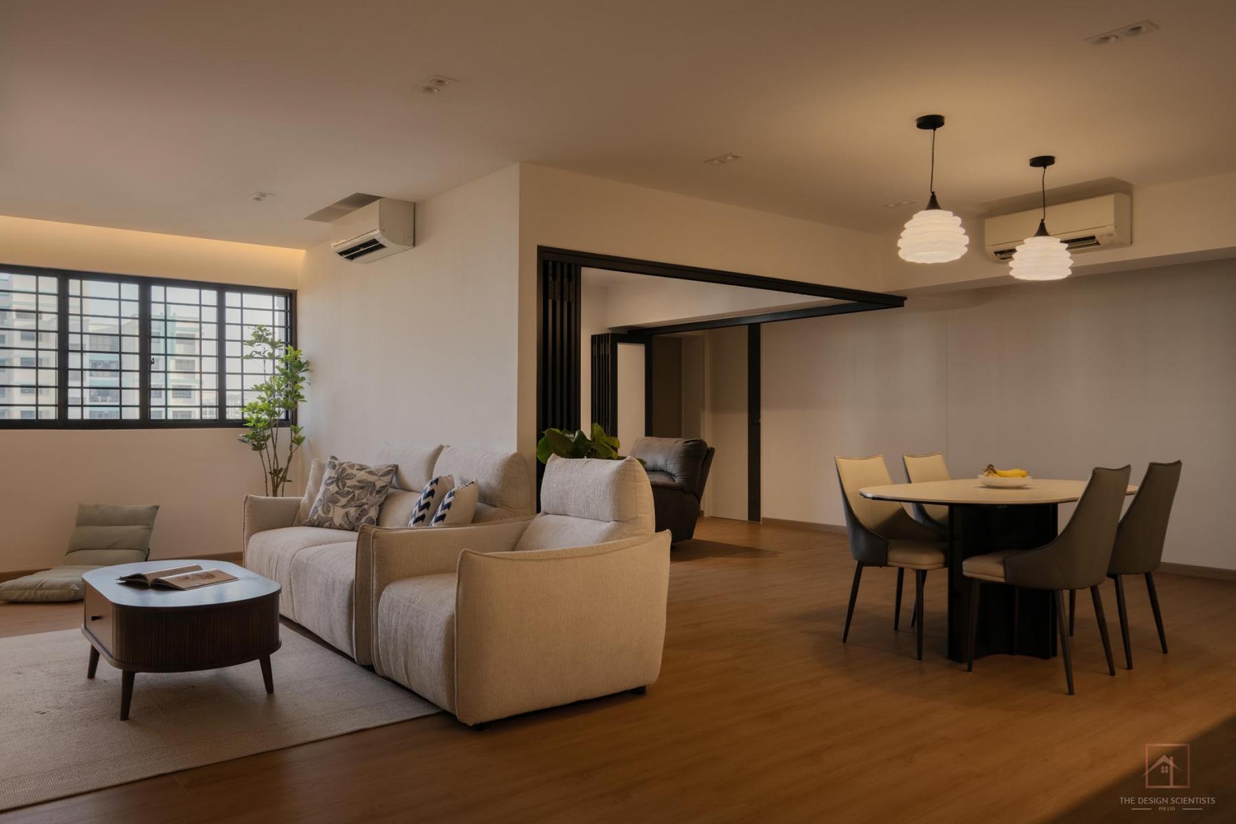 Contemporary Dining Room with Drop Light and Cove Lighting