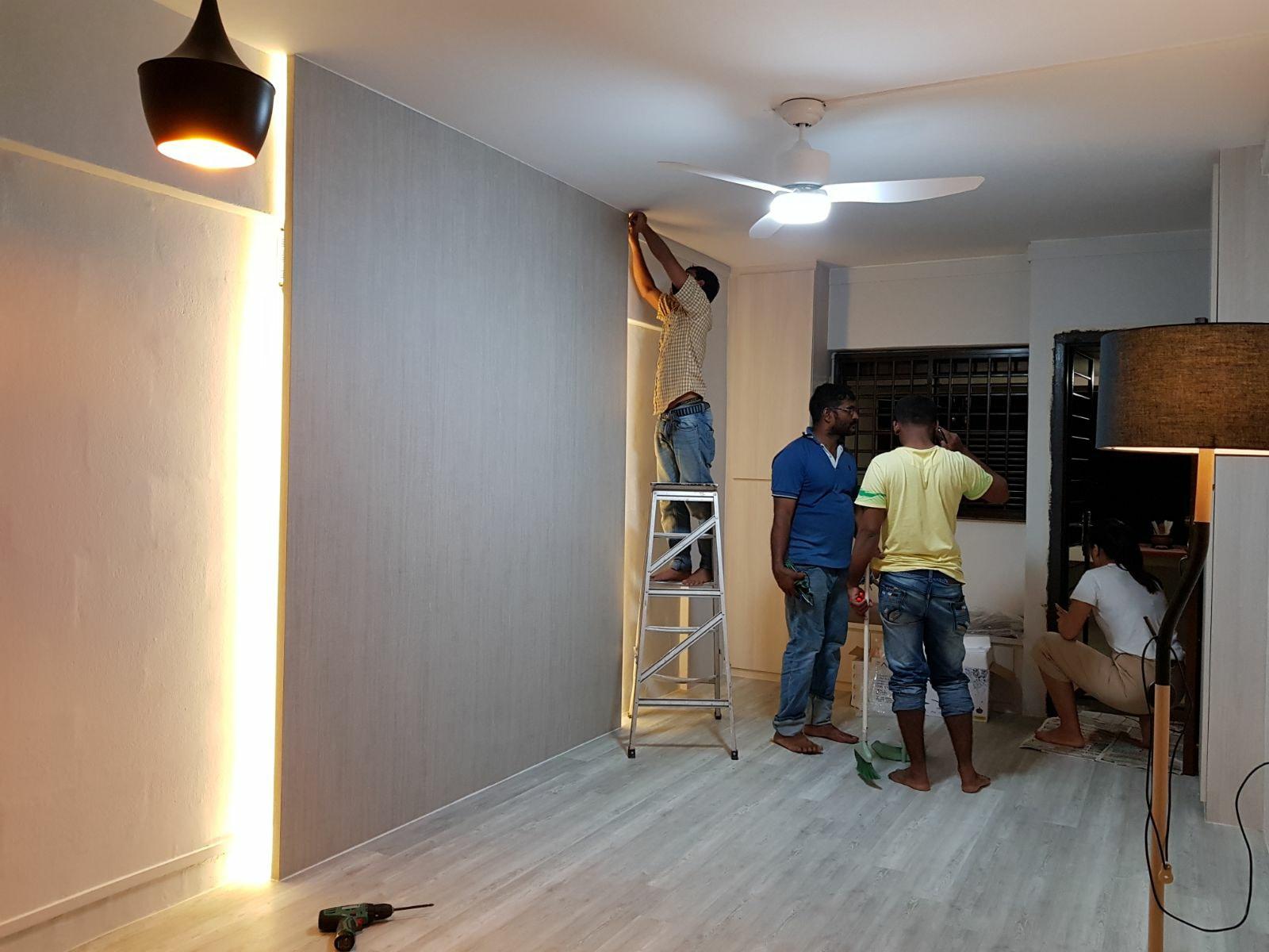 Asian Living Room with Vinyl Flooring and TV Console
