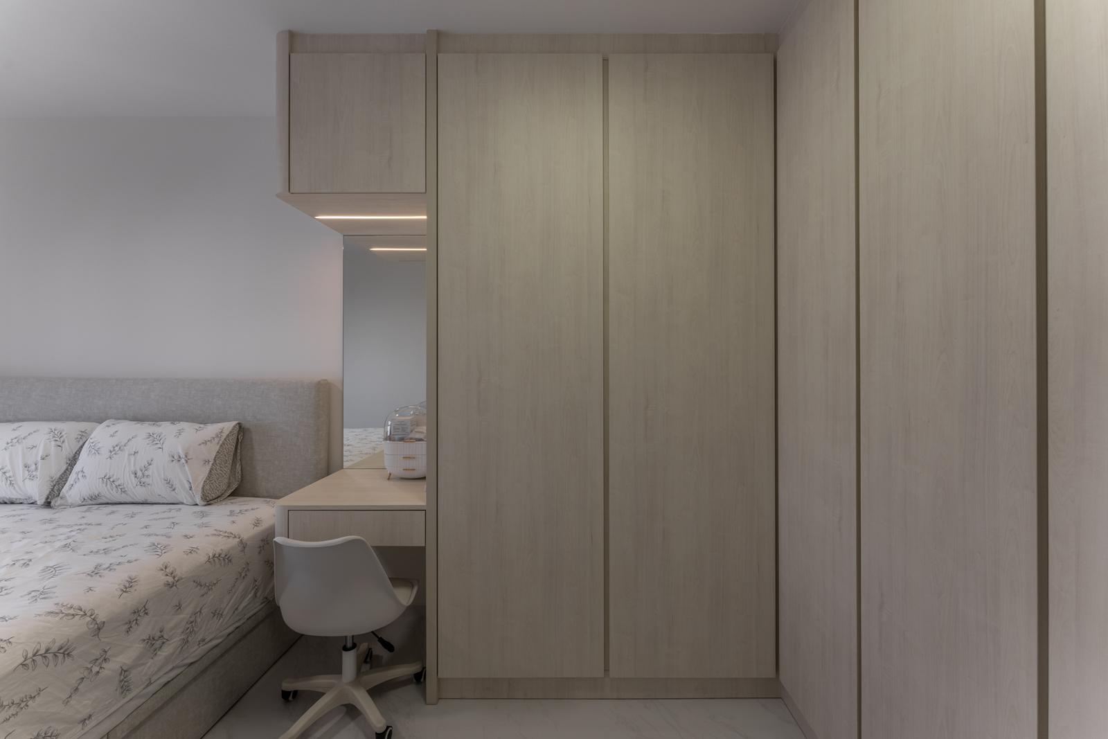 Minimalist Bedroom with Homogeneous Tiles and Wardrobe