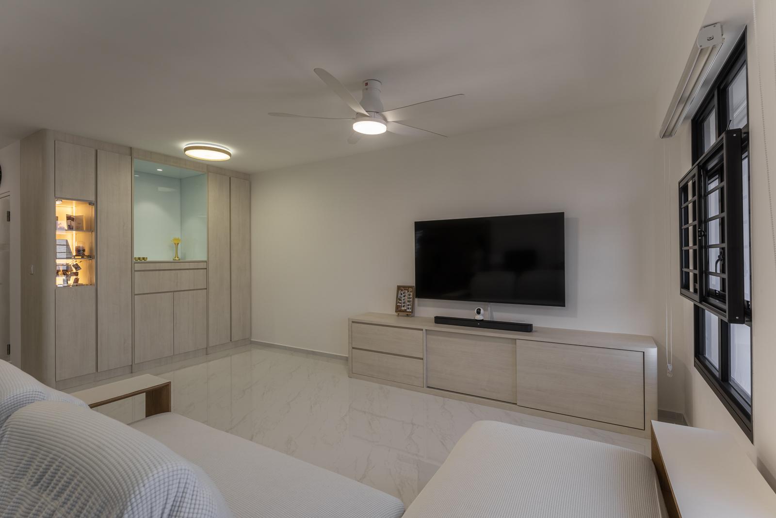 Minimalist Living Room with Homogeneous Tiles and Altar