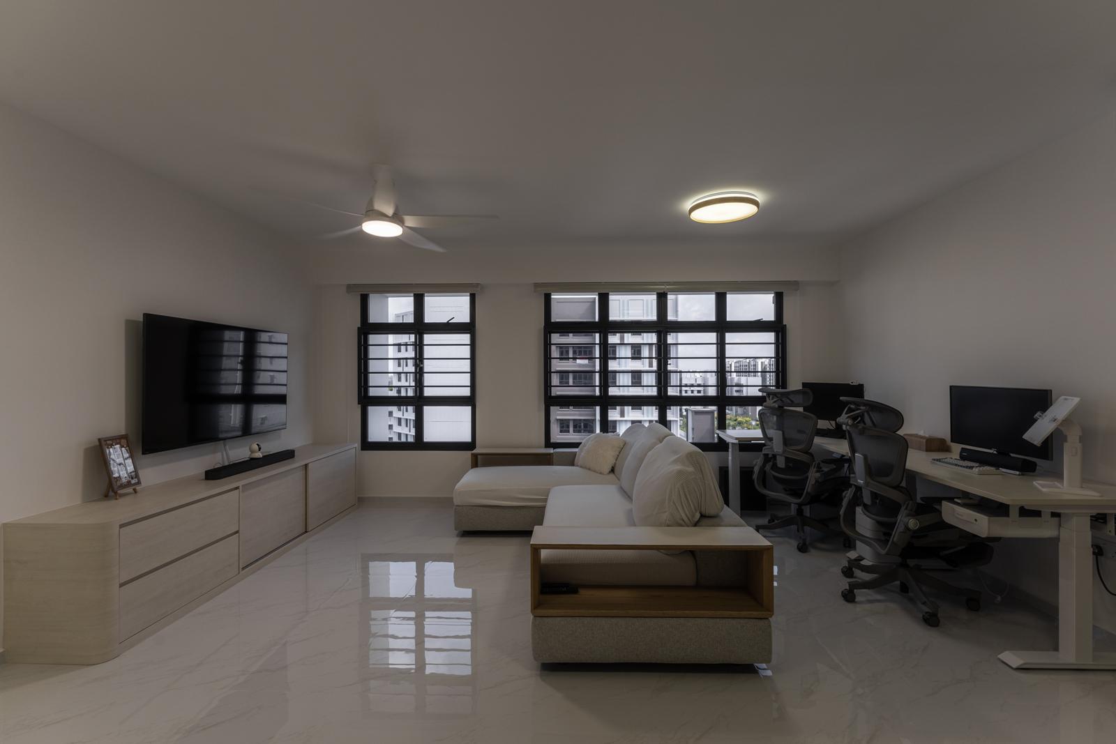 Minimalist Living Room with Homogeneous Tiles and TV Console