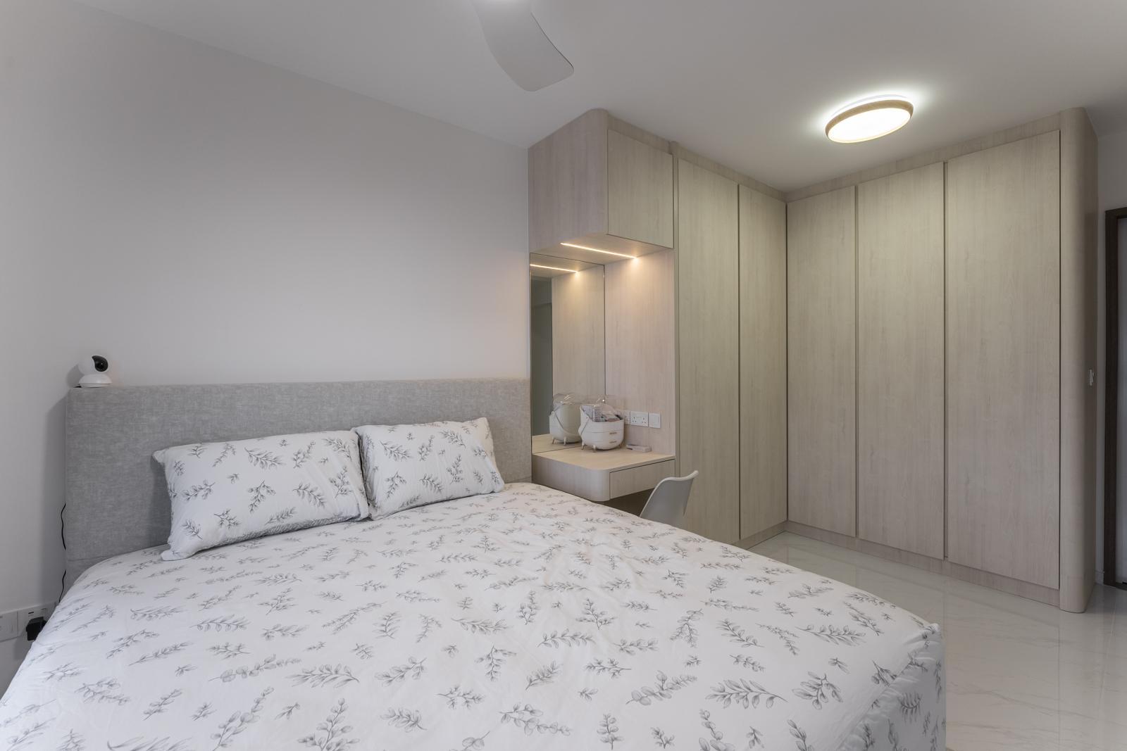 Minimalist Bedroom with Homogeneous Tiles and Wardrobe