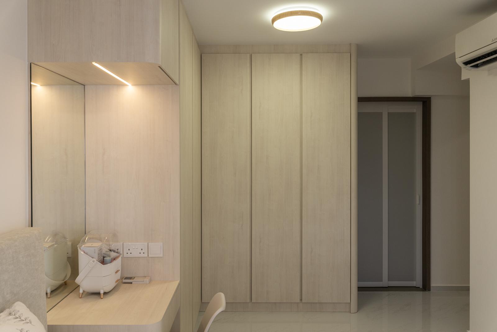 Minimalist Bedroom with Homogeneous Tiles and Wardrobe