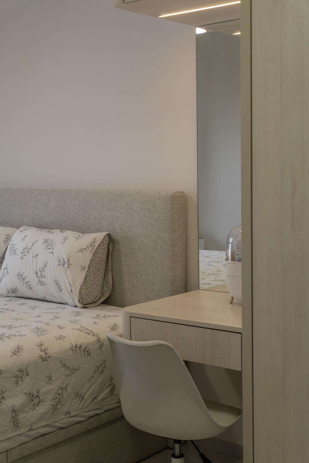 Minimalist Bedroom with Homogeneous Tiles and Bedroom Dresser