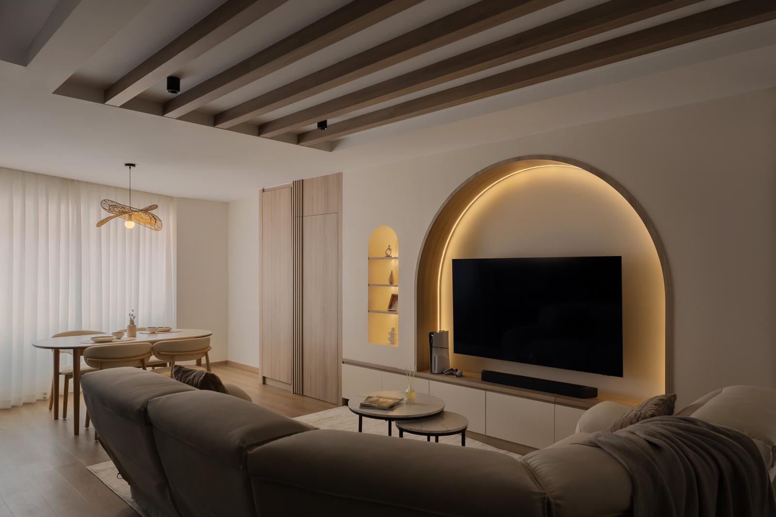 Scandinavian Living Room with Wood Flooring and TV Console